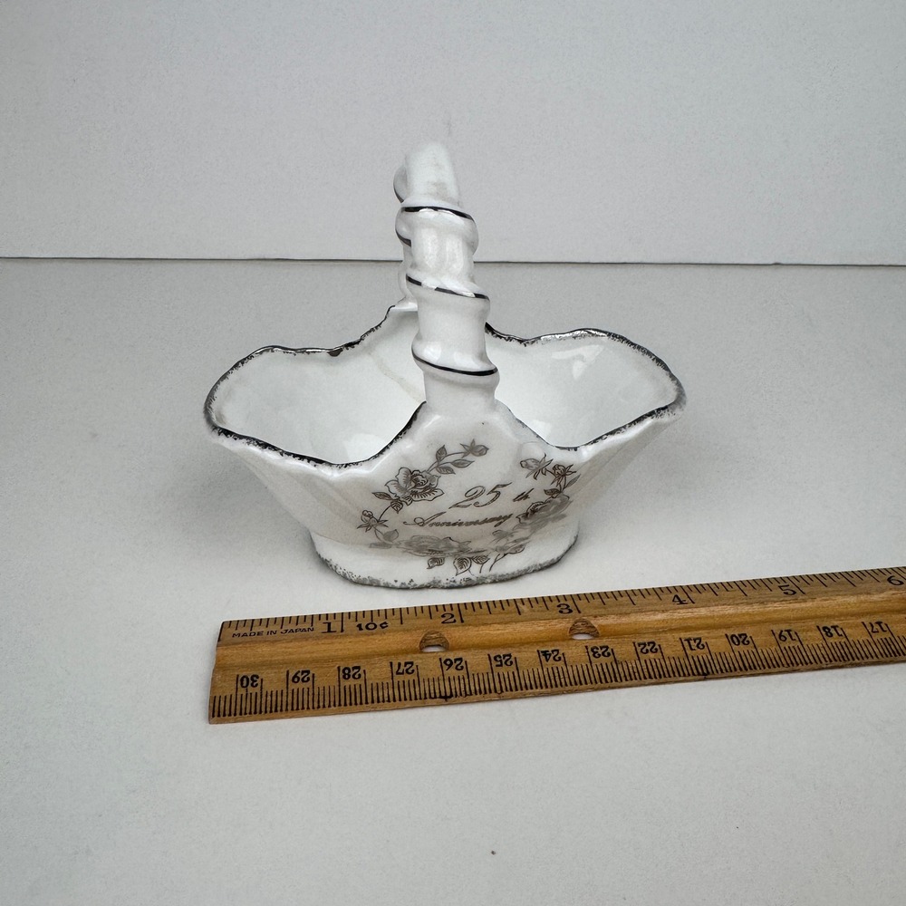 Vtg Small Tabletop 25th‎ Anniv Bone China Basket Decor White Silver Damaged READ